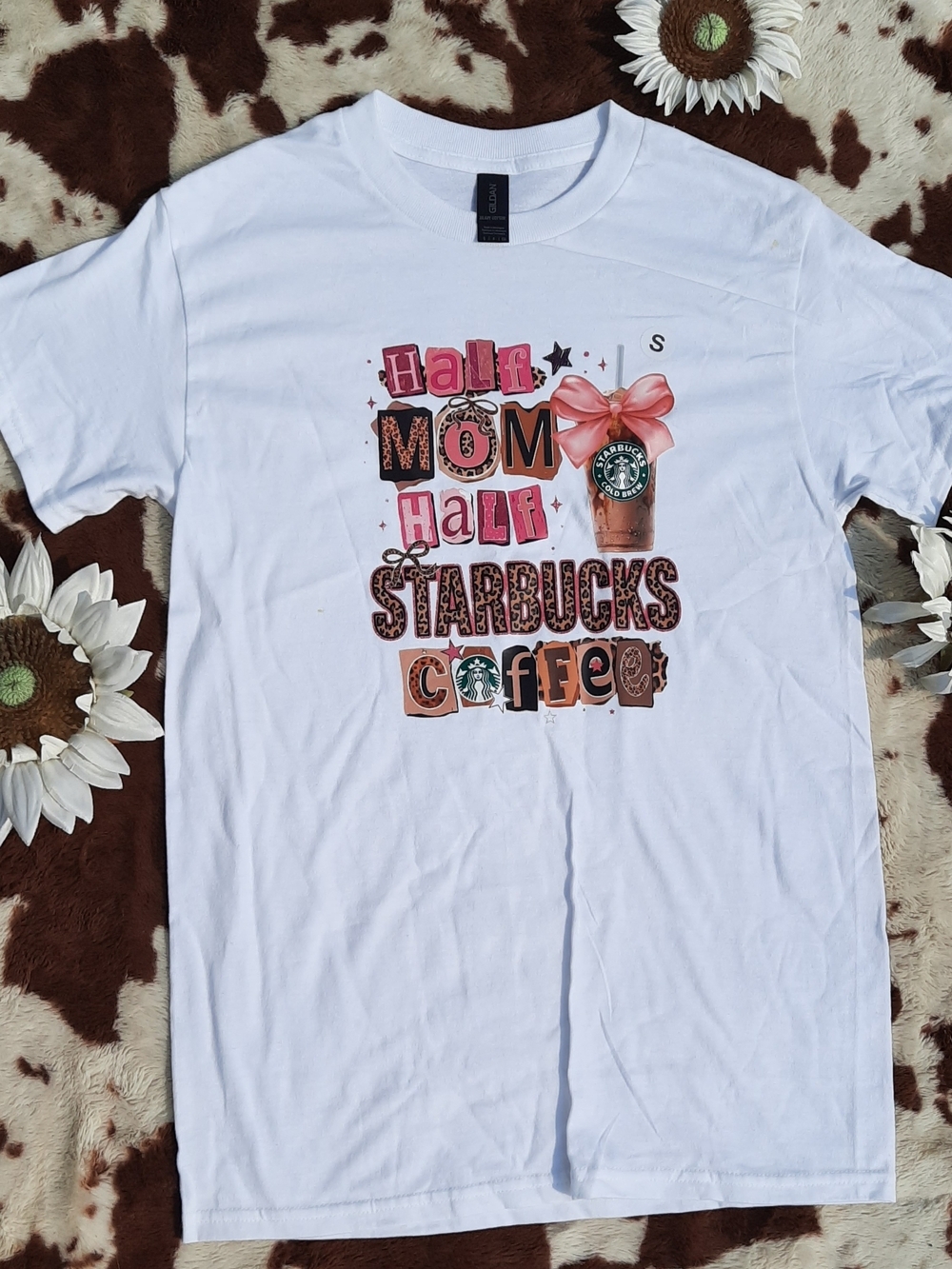 Gildan White Short Sleeve Tee with Pink -Half Mom Half Starbucks Coffee